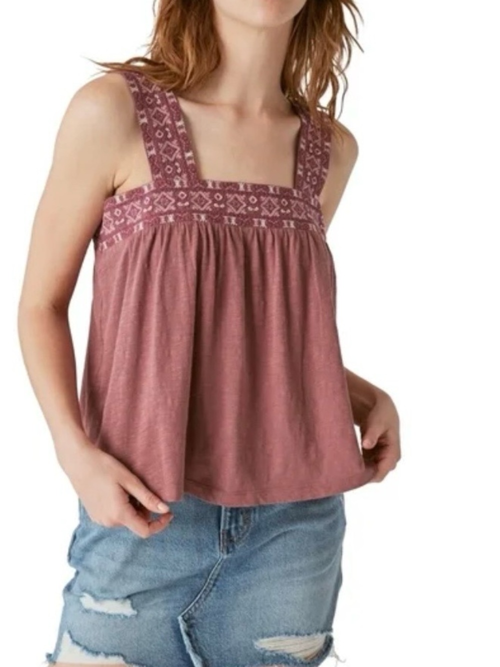Lucky Brand Boho Embroidered Square-Neck Tank Top - BROWN! NWT